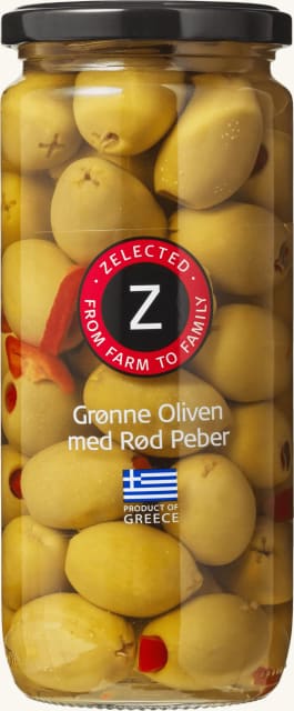 Oliven med rød paprika – 510 g, Zelected – BEST FØR 10/26