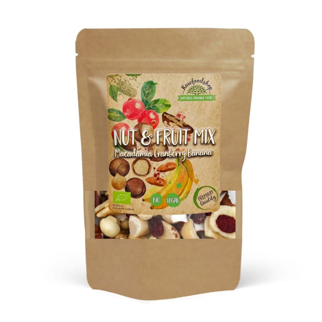 Nøtte- & Fruktmiks Macadamia Tranebær Banan ØKO 500g