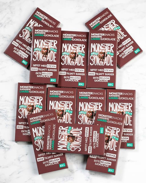 Monster Sukkerfri Belgisk Stevia Melkesjokolade – Lakris – PAKKETILBUD 12x85g
