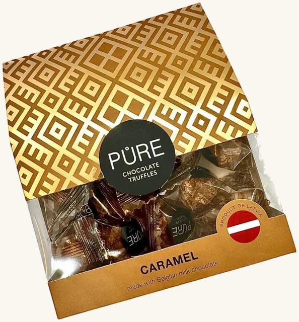 Melkesjokoladetrøfler med karamellfyll og vaffeldekor PURE 100g