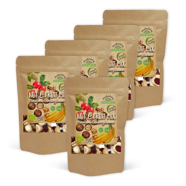 Nøtte- & Fruktmiks Macadamia Tranebær Banan ØKO 500g x 5 pakker