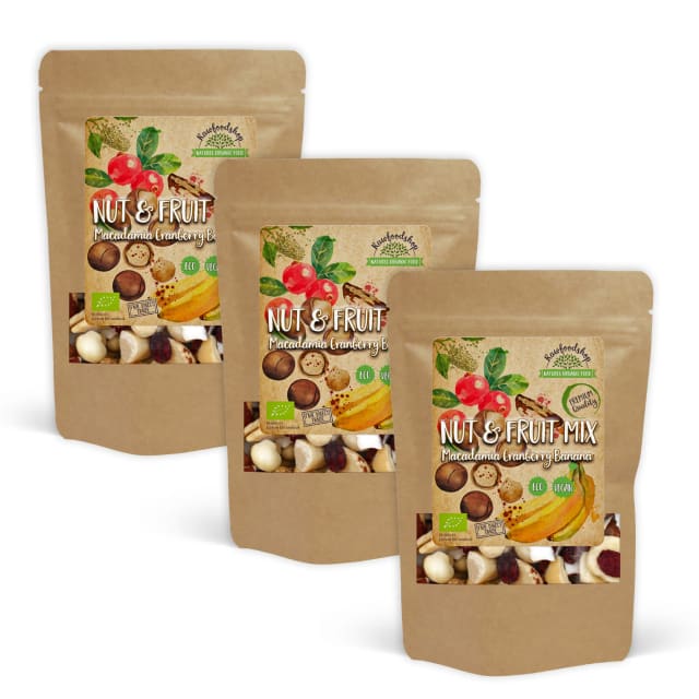 Nøtte- & Fruktmiks Macadamia Tranebær Banan ØKO 200g x 3 pakker