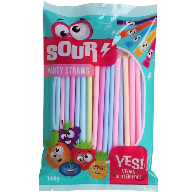 Becky's Sour Party Straws 144g | Sugerør med surt pulver