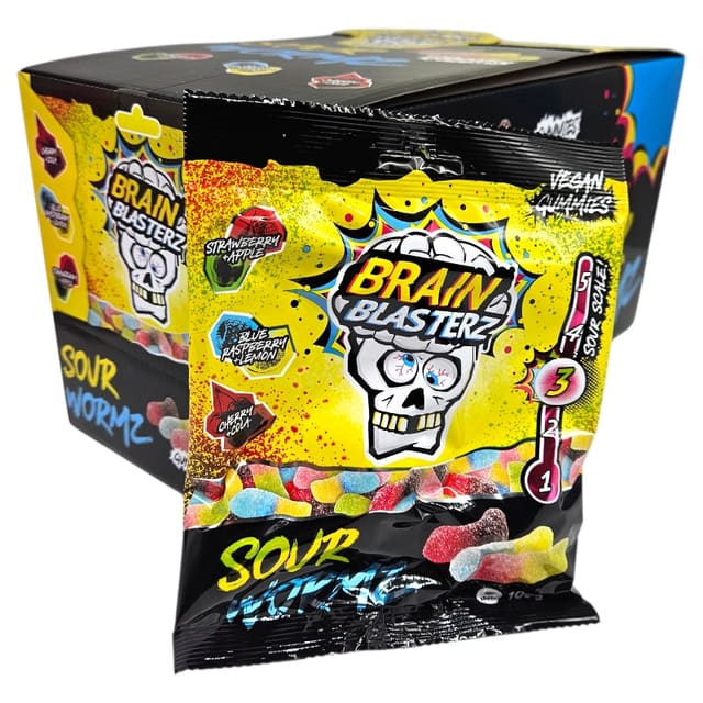Brain Blasterz Sour Wormz 16x100g | Storpakk sur vingummi