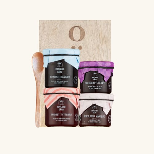 Gavepakke 7: 4pk med gelé, syltetøy, trefjøl og treskje